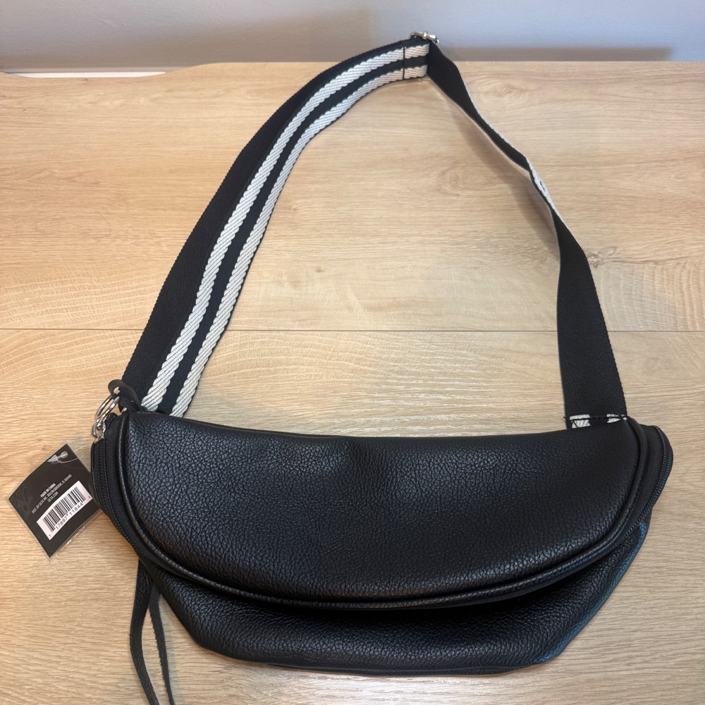 Ulta Beauty Black Faux Leather Crescent Crossbody Bag Striped Strap New